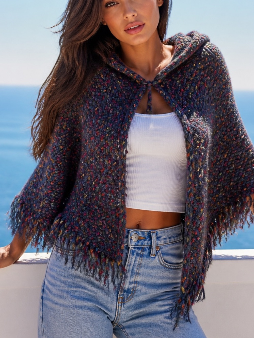 CAbi Multicolor Knit Fringe hooded Tie-Front Poncho - Blue Blend